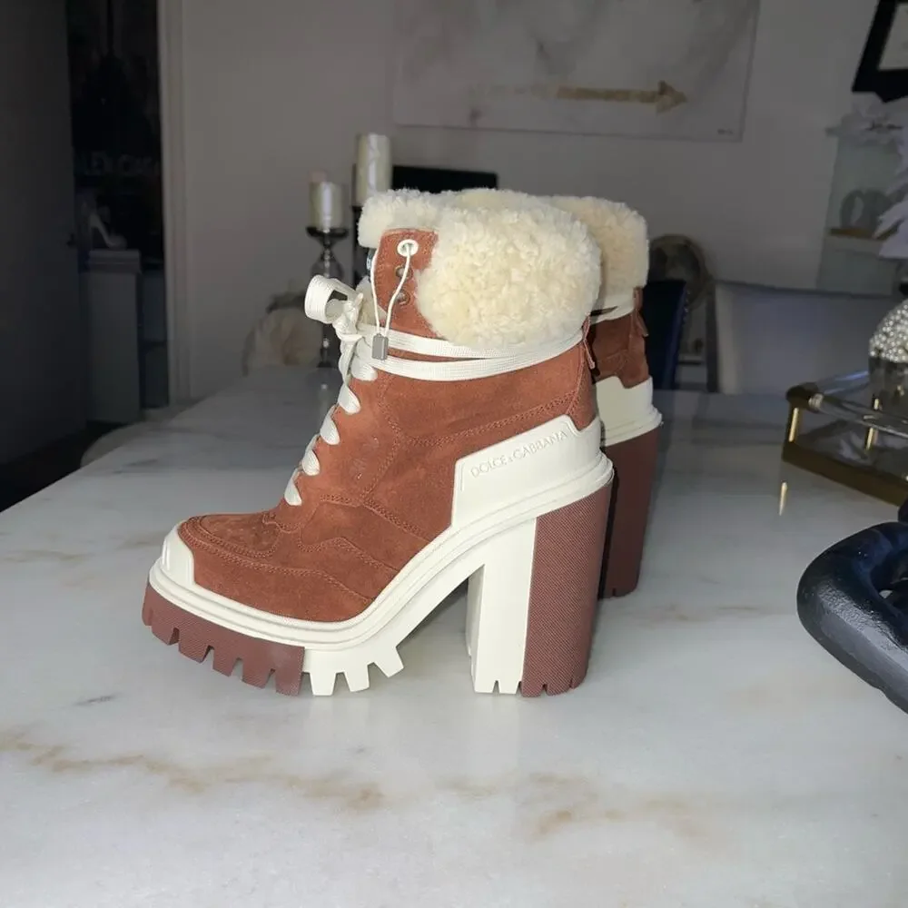 New Dolce & Gabbana Trekking Shearling Biker Ankle Boots in Burnt Brown/Neutral - Picture 8 of 12